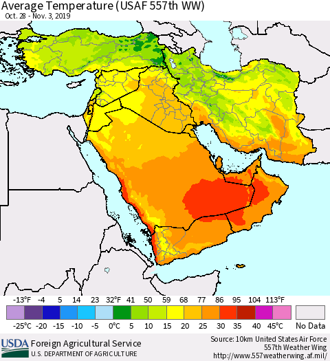 Middle East and Turkey Average Temperature (USAF 557th WW) Thematic Map For 10/28/2019 - 11/3/2019