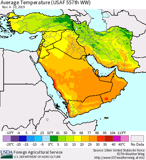 Middle East and Turkey Average Temperature (USAF 557th WW) Thematic Map For 11/4/2019 - 11/10/2019