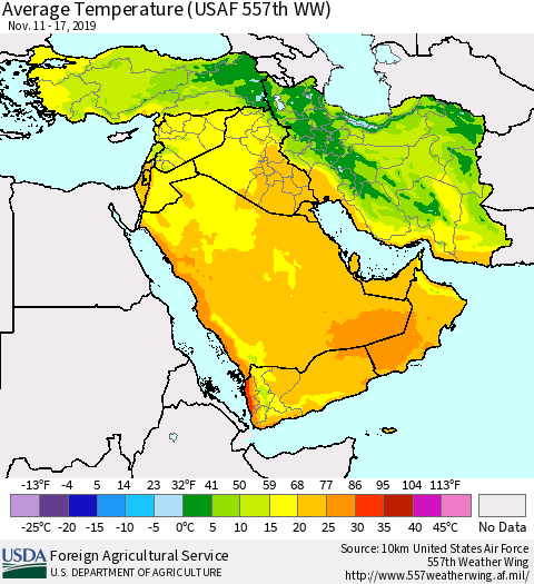 Middle East and Turkey Average Temperature (USAF 557th WW) Thematic Map For 11/11/2019 - 11/17/2019