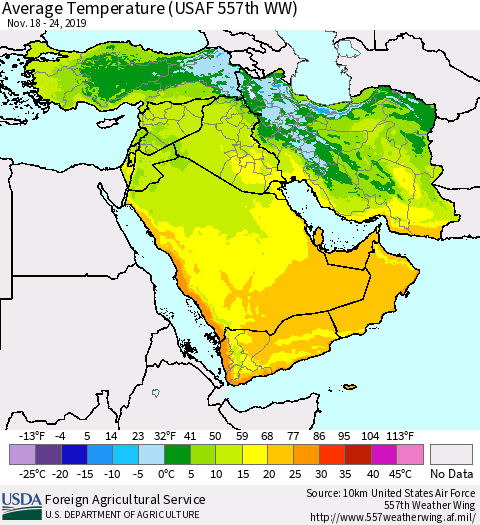 Middle East and Turkey Average Temperature (USAF 557th WW) Thematic Map For 11/18/2019 - 11/24/2019