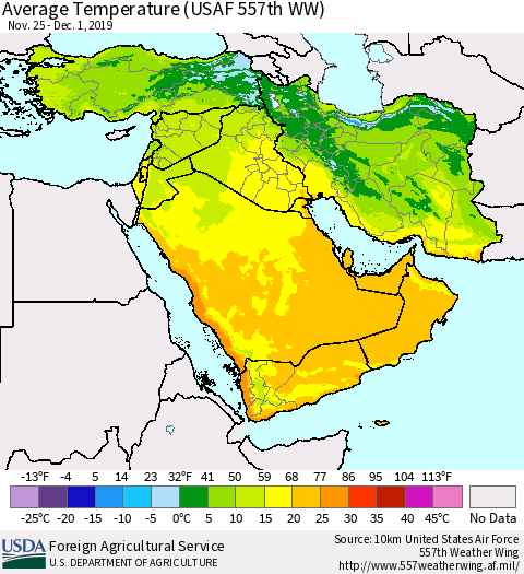 Middle East and Turkey Average Temperature (USAF 557th WW) Thematic Map For 11/25/2019 - 12/1/2019
