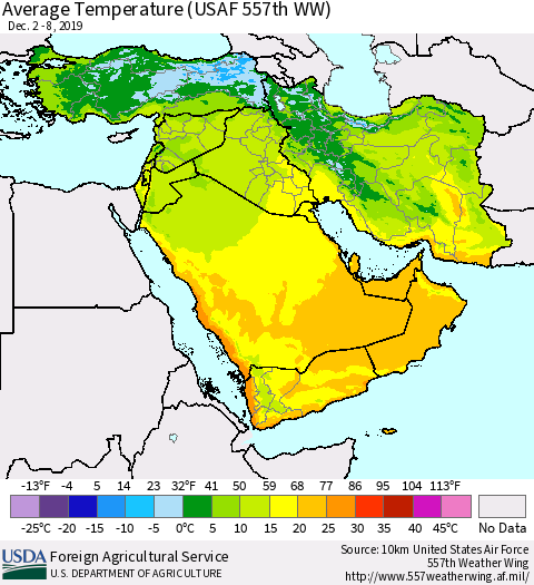 Middle East and Turkey Average Temperature (USAF 557th WW) Thematic Map For 12/2/2019 - 12/8/2019