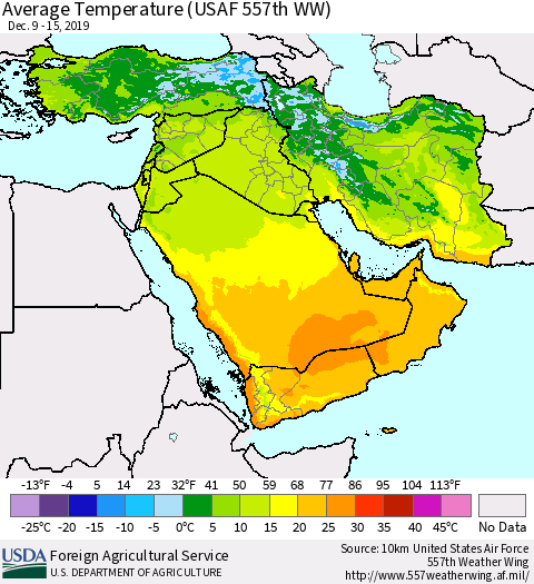 Middle East and Turkey Average Temperature (USAF 557th WW) Thematic Map For 12/9/2019 - 12/15/2019