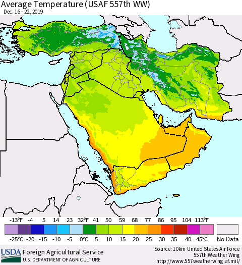 Middle East and Turkey Average Temperature (USAF 557th WW) Thematic Map For 12/16/2019 - 12/22/2019