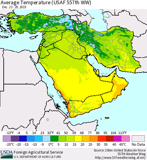 Middle East and Turkey Average Temperature (USAF 557th WW) Thematic Map For 12/23/2019 - 12/29/2019