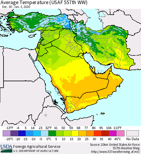 Middle East and Turkey Average Temperature (USAF 557th WW) Thematic Map For 12/30/2019 - 1/5/2020
