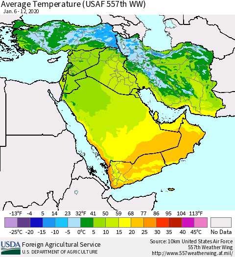 Middle East and Turkey Average Temperature (USAF 557th WW) Thematic Map For 1/6/2020 - 1/12/2020