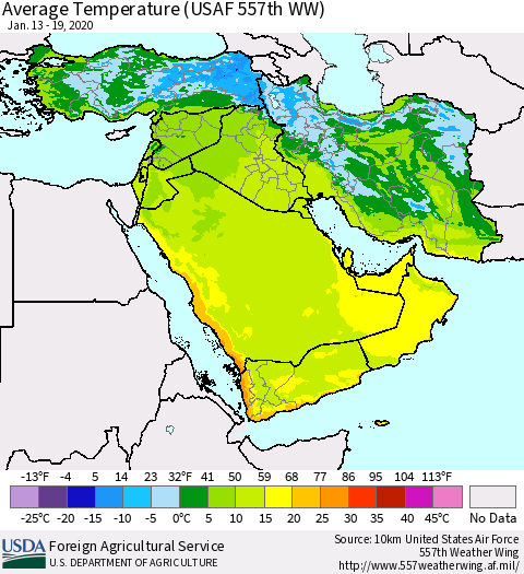 Middle East and Turkey Average Temperature (USAF 557th WW) Thematic Map For 1/13/2020 - 1/19/2020