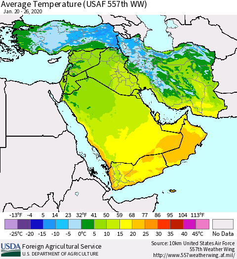 Middle East and Turkey Average Temperature (USAF 557th WW) Thematic Map For 1/20/2020 - 1/26/2020