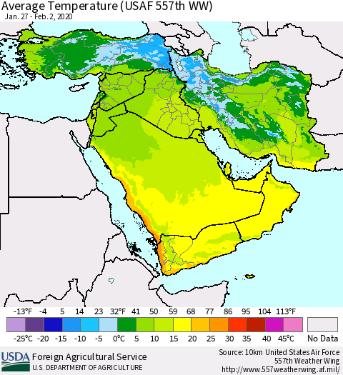 Middle East and Turkey Average Temperature (USAF 557th WW) Thematic Map For 1/27/2020 - 2/2/2020