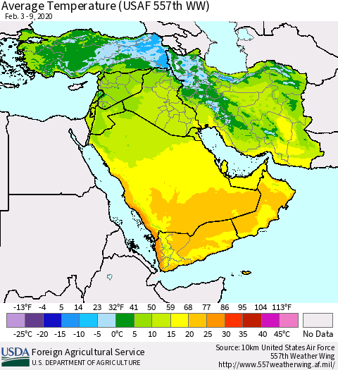 Middle East and Turkey Average Temperature (USAF 557th WW) Thematic Map For 2/3/2020 - 2/9/2020