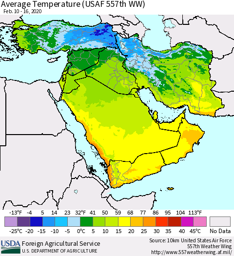 Middle East and Turkey Average Temperature (USAF 557th WW) Thematic Map For 2/10/2020 - 2/16/2020