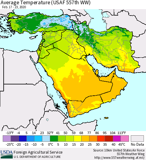 Middle East and Turkey Average Temperature (USAF 557th WW) Thematic Map For 2/17/2020 - 2/23/2020