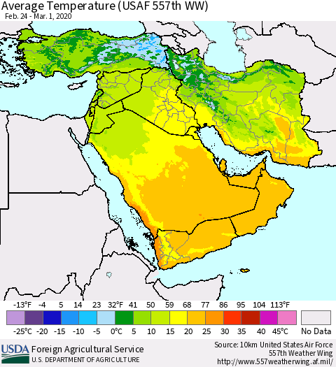 Middle East and Turkey Average Temperature (USAF 557th WW) Thematic Map For 2/24/2020 - 3/1/2020