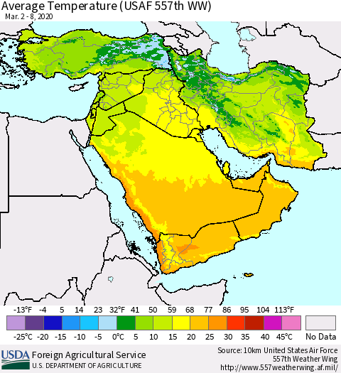 Middle East and Turkey Average Temperature (USAF 557th WW) Thematic Map For 3/2/2020 - 3/8/2020