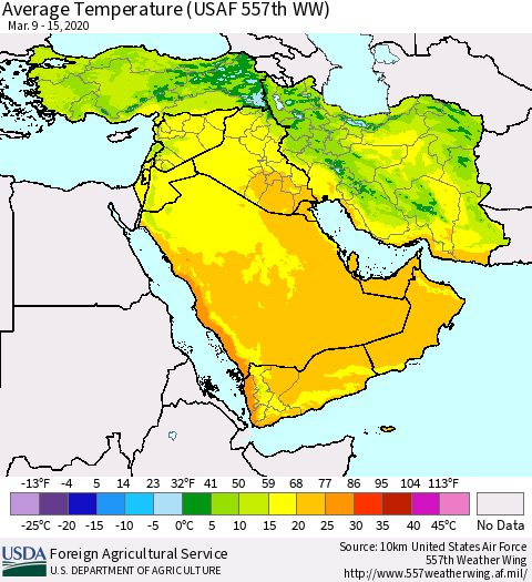 Middle East and Turkey Average Temperature (USAF 557th WW) Thematic Map For 3/9/2020 - 3/15/2020