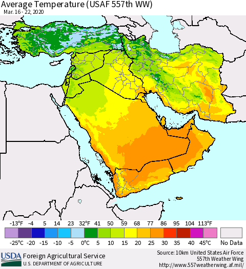 Middle East and Turkey Average Temperature (USAF 557th WW) Thematic Map For 3/16/2020 - 3/22/2020