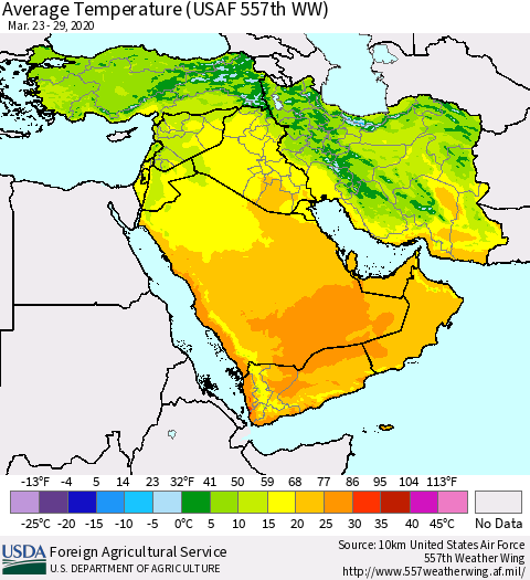 Middle East and Turkey Average Temperature (USAF 557th WW) Thematic Map For 3/23/2020 - 3/29/2020