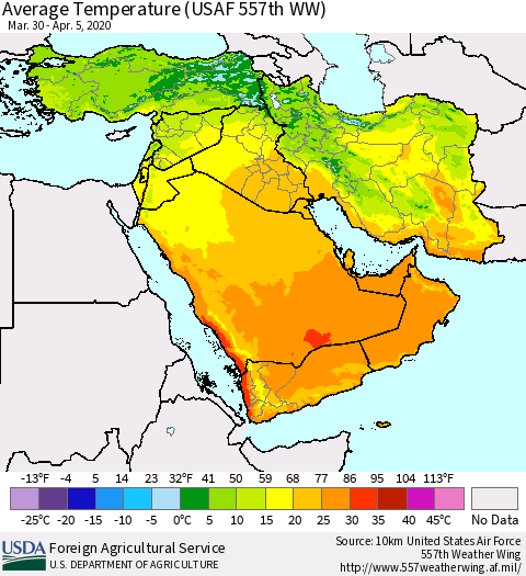 Middle East and Turkey Average Temperature (USAF 557th WW) Thematic Map For 3/30/2020 - 4/5/2020