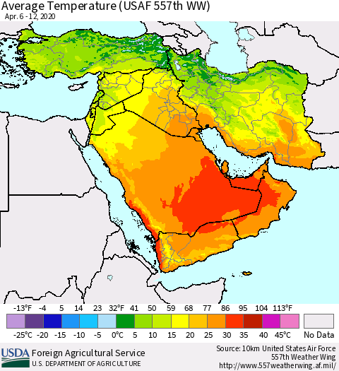 Middle East and Turkey Average Temperature (USAF 557th WW) Thematic Map For 4/6/2020 - 4/12/2020