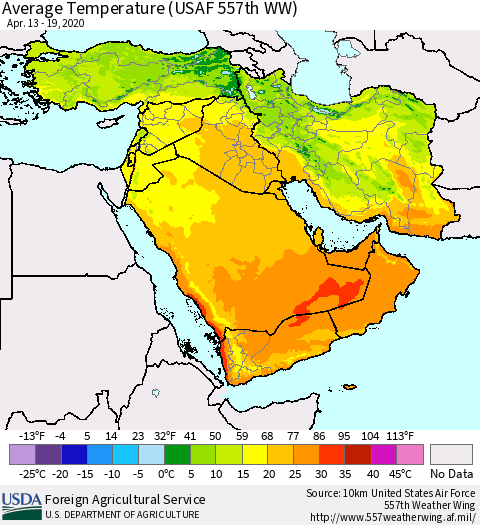 Middle East and Turkey Average Temperature (USAF 557th WW) Thematic Map For 4/13/2020 - 4/19/2020