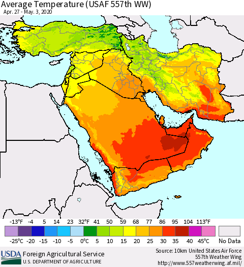 Middle East and Turkey Average Temperature (USAF 557th WW) Thematic Map For 4/27/2020 - 5/3/2020