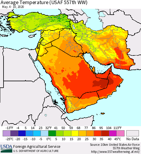 Middle East and Turkey Average Temperature (USAF 557th WW) Thematic Map For 5/4/2020 - 5/10/2020