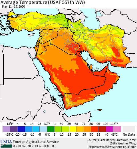 Middle East and Turkey Average Temperature (USAF 557th WW) Thematic Map For 5/11/2020 - 5/17/2020