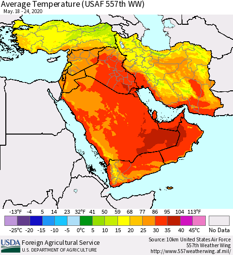 Middle East and Turkey Average Temperature (USAF 557th WW) Thematic Map For 5/18/2020 - 5/24/2020