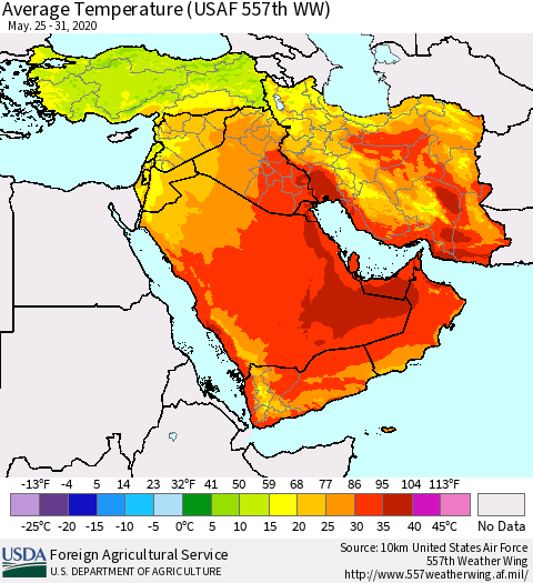 Middle East and Turkey Average Temperature (USAF 557th WW) Thematic Map For 5/25/2020 - 5/31/2020