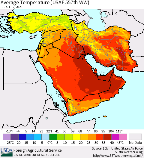 Middle East and Turkey Average Temperature (USAF 557th WW) Thematic Map For 6/1/2020 - 6/7/2020
