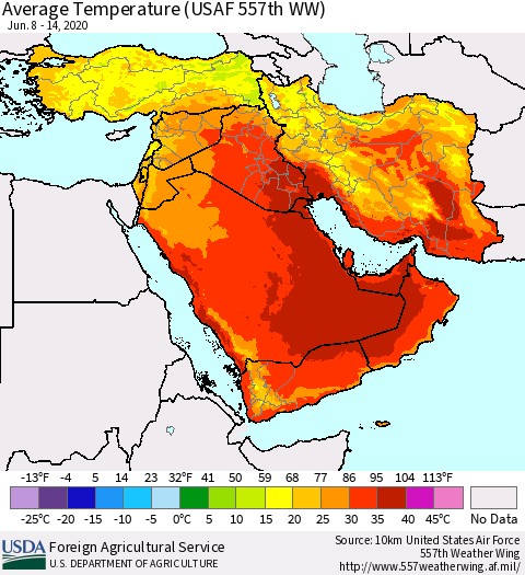 Middle East and Turkey Average Temperature (USAF 557th WW) Thematic Map For 6/8/2020 - 6/14/2020