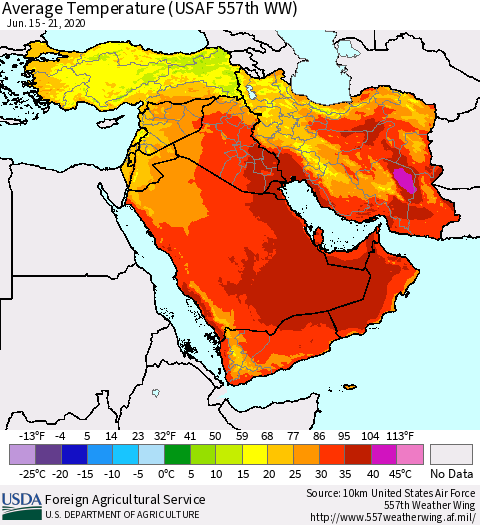 Middle East and Turkey Average Temperature (USAF 557th WW) Thematic Map For 6/15/2020 - 6/21/2020