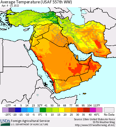 Middle East and Turkey Average Temperature (USAF 557th WW) Thematic Map For 4/4/2022 - 4/10/2022
