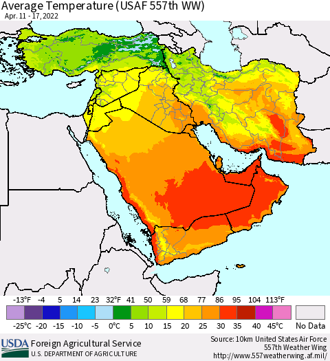 Middle East and Turkey Average Temperature (USAF 557th WW) Thematic Map For 4/11/2022 - 4/17/2022