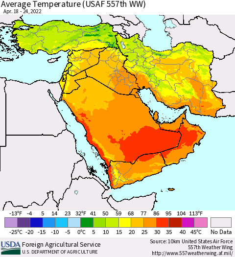 Middle East and Turkey Average Temperature (USAF 557th WW) Thematic Map For 4/18/2022 - 4/24/2022