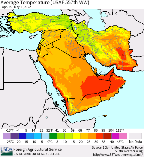 Middle East and Turkey Average Temperature (USAF 557th WW) Thematic Map For 4/25/2022 - 5/1/2022