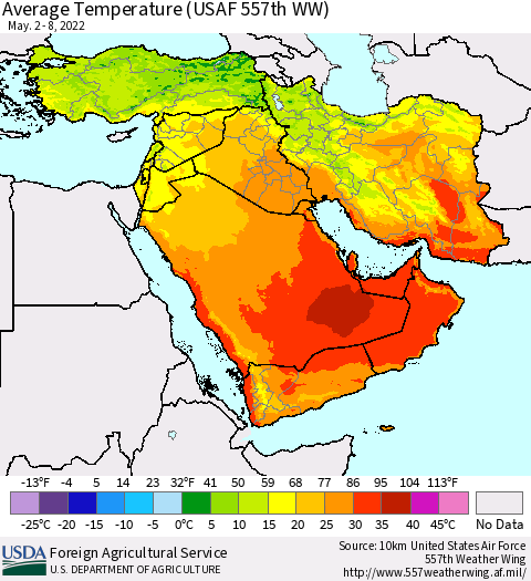 Middle East and Turkey Average Temperature (USAF 557th WW) Thematic Map For 5/2/2022 - 5/8/2022