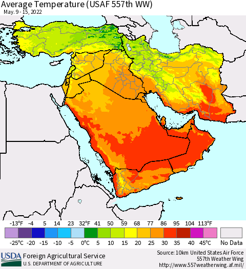 Middle East and Turkey Average Temperature (USAF 557th WW) Thematic Map For 5/9/2022 - 5/15/2022