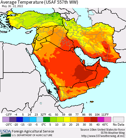 Middle East and Turkey Average Temperature (USAF 557th WW) Thematic Map For 5/16/2022 - 5/22/2022