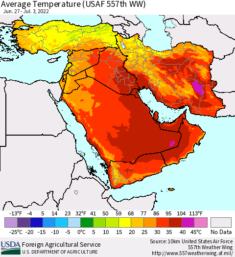 Middle East and Turkey Average Temperature (USAF 557th WW) Thematic Map For 6/27/2022 - 7/3/2022