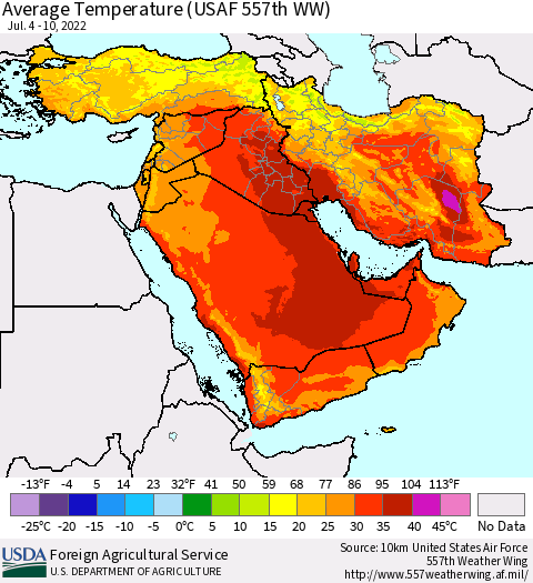 Middle East and Turkey Average Temperature (USAF 557th WW) Thematic Map For 7/4/2022 - 7/10/2022