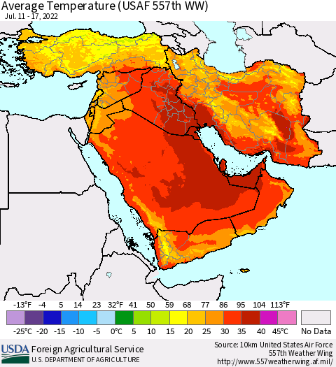Middle East and Turkey Average Temperature (USAF 557th WW) Thematic Map For 7/11/2022 - 7/17/2022