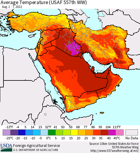 Middle East and Turkey Average Temperature (USAF 557th WW) Thematic Map For 8/1/2022 - 8/7/2022