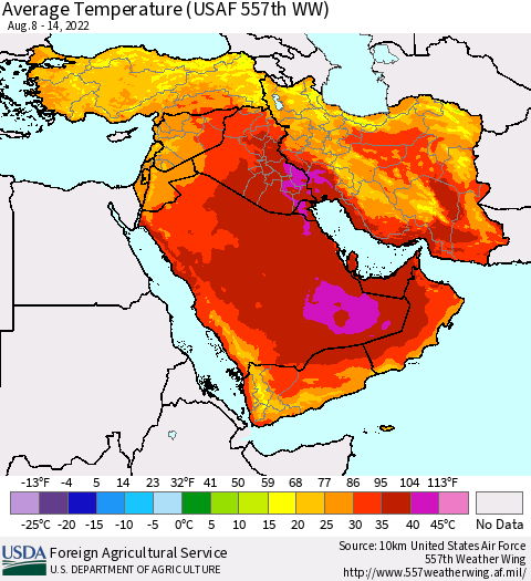 Middle East and Turkey Average Temperature (USAF 557th WW) Thematic Map For 8/8/2022 - 8/14/2022