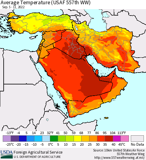 Middle East and Turkey Average Temperature (USAF 557th WW) Thematic Map For 9/5/2022 - 9/11/2022