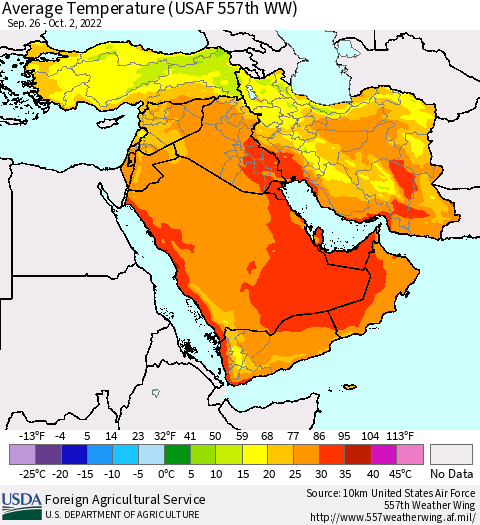 Middle East and Turkey Average Temperature (USAF 557th WW) Thematic Map For 9/26/2022 - 10/2/2022