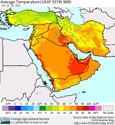 Middle East and Turkey Average Temperature (USAF 557th WW) Thematic Map For 10/10/2022 - 10/16/2022
