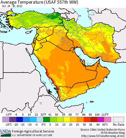 Middle East and Turkey Average Temperature (USAF 557th WW) Thematic Map For 10/24/2022 - 10/30/2022
