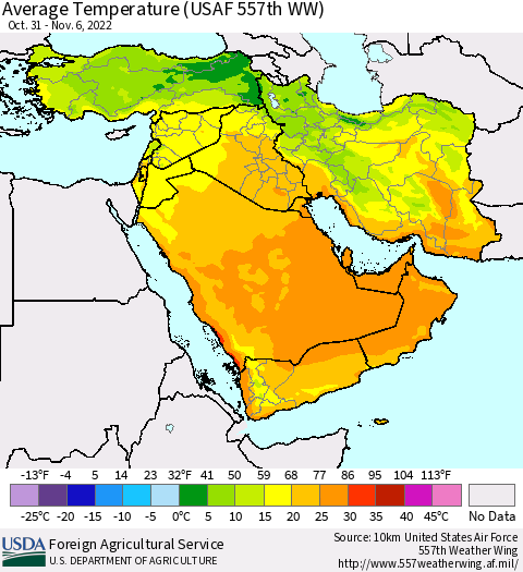 Middle East and Turkey Average Temperature (USAF 557th WW) Thematic Map For 10/31/2022 - 11/6/2022